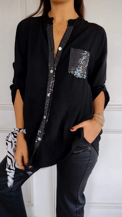 Cotton V-neck Sequin Mid-sleeve Casual Top Black