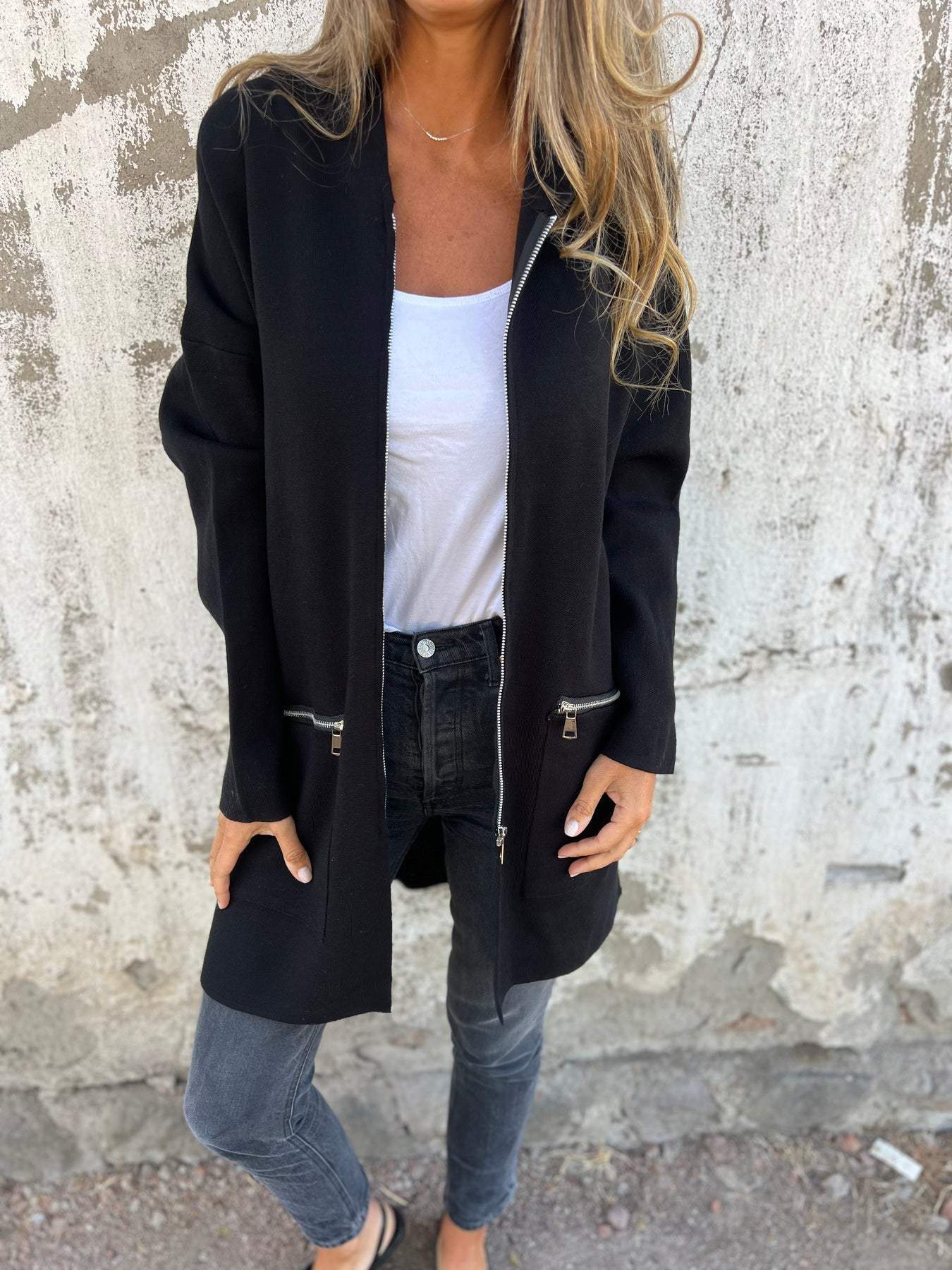 Round Neck Zipper Long Sleeve Casual Jacket black