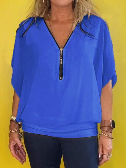 Chiffon Half-zip Short-sleeved Casual Top blue