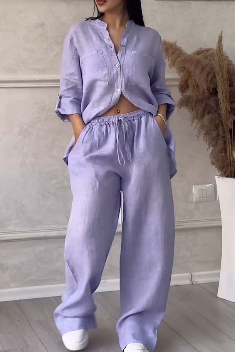 Casual solid color cotton and linen pants two-piece set Purple