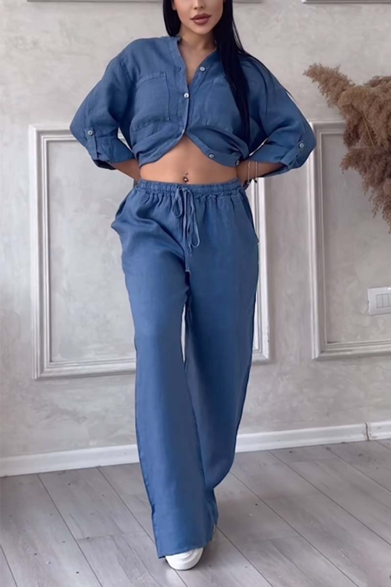 Casual solid color cotton and linen pants two-piece set Blue