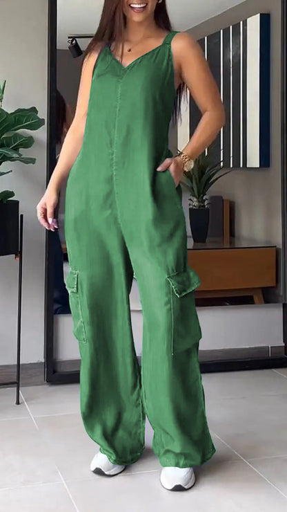 Thin Denim Cargo Pocket V-neck Jumpsuit green