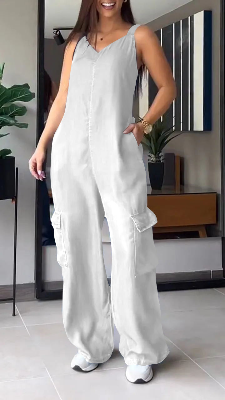 Thin Denim Cargo Pocket V-neck Jumpsuit white