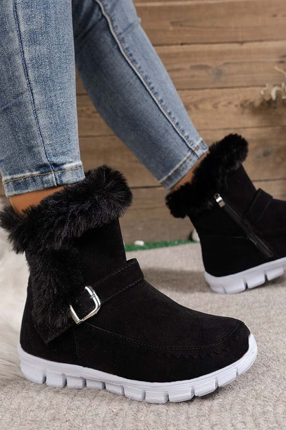 Women's round toe flat buckle side zipper thickened short boots Black