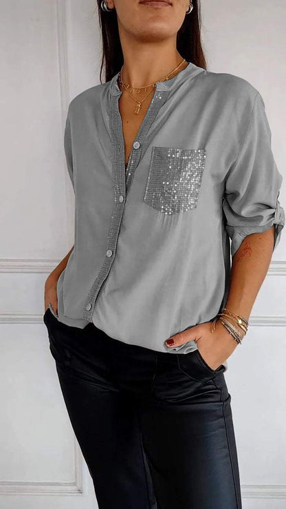 Cotton V-neck Sequin Mid-sleeve Casual Top Gray