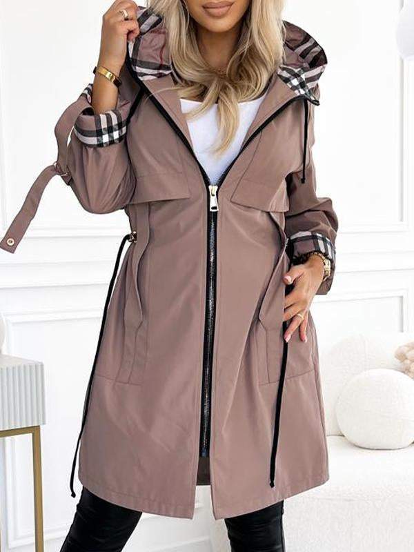 Women's Hooded Zipper Drawstring Plaid Print Casual Long Coat brown