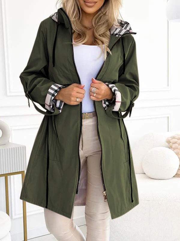 Women's Hooded Zipper Drawstring Plaid Print Casual Long Coat army green