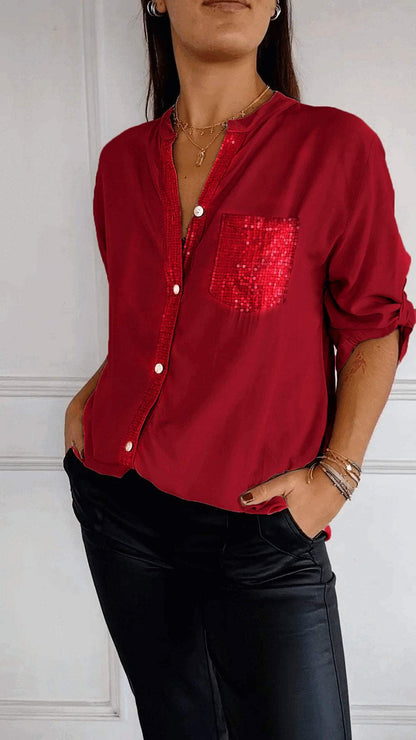 Cotton V-neck Sequin Mid-sleeve Casual Top red