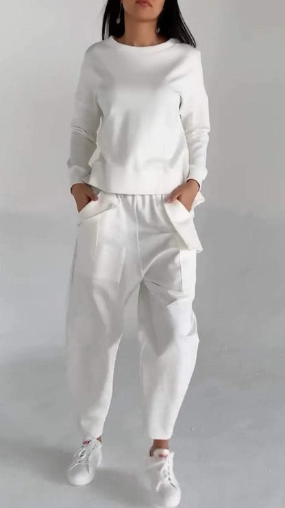 Casual Round Neck Long Sleeve Two Piece Suit white