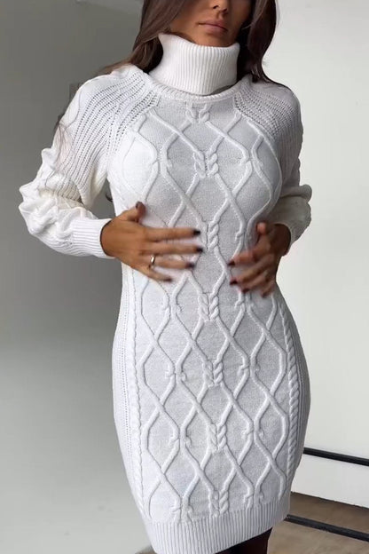 Women's Elegant high Collar Dottoming Knitted Mechanism Dress White