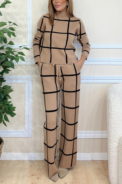 Women's contrast check knitted suit Khaki