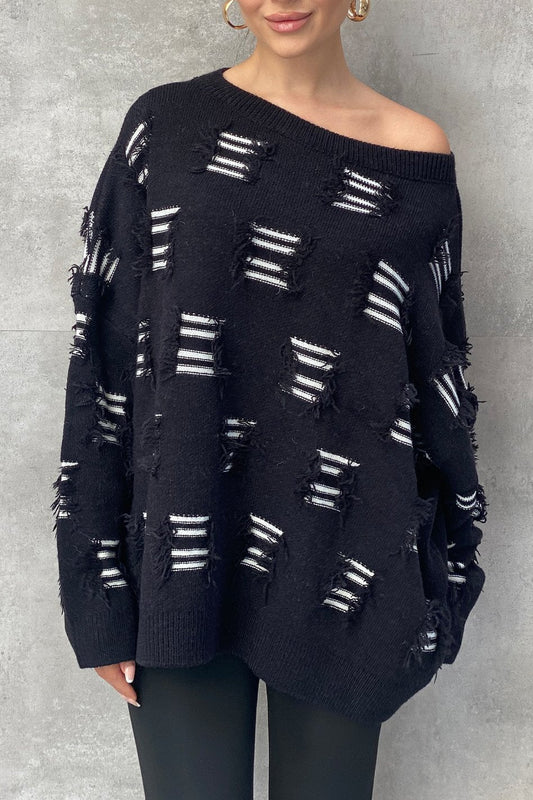 Women's casual crewneck cut-out contrast sweater black