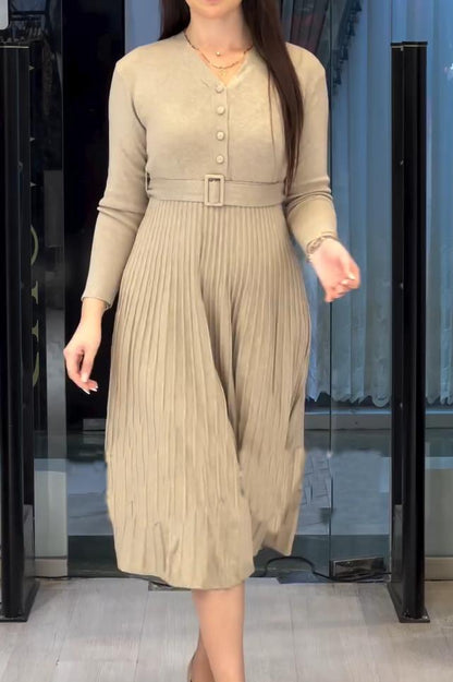 Women's casual high-waisted V-neck knit dress