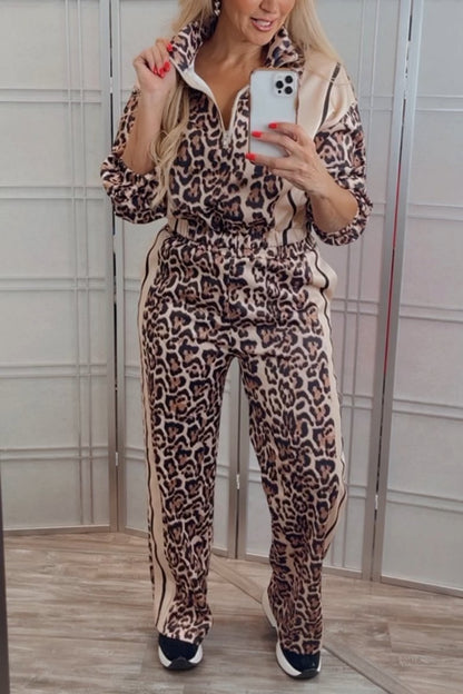 Women's Casual Patchwork Leopard Print Pants Suit Brown