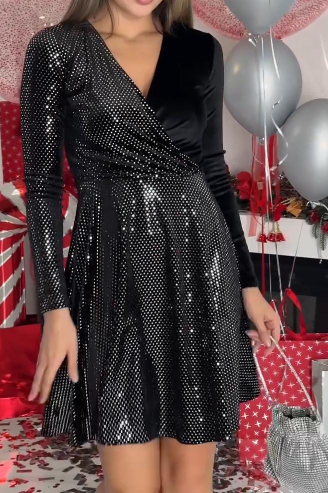 Women's V-neck Sequined Patchwork Wrap Dress black