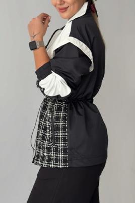 Women's check, color-blocked trench coat cropped coat