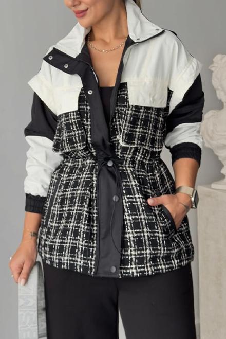 Women's check, color-blocked trench coat cropped coat black