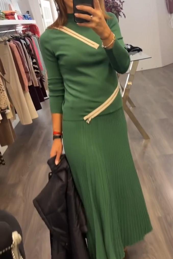 Women's Casual Solid Color Zipper Knitted Skirt Suit green