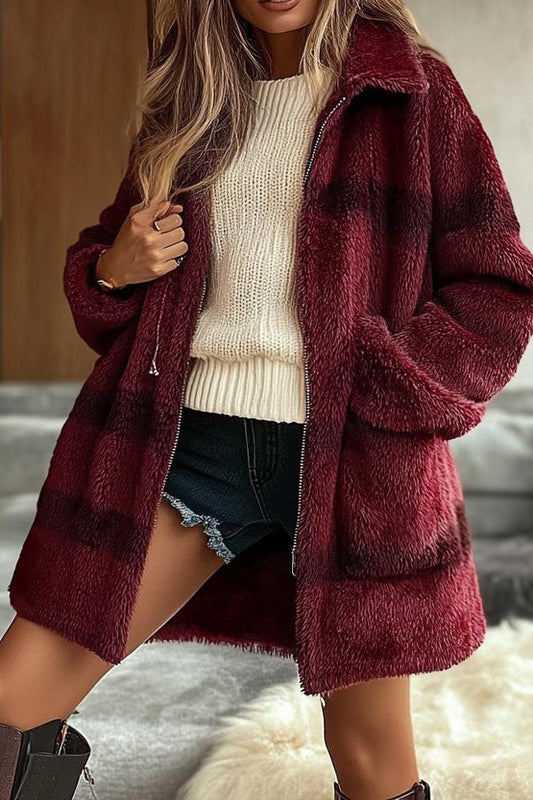 Women's light luxury check warm lapel jacket Burgundy