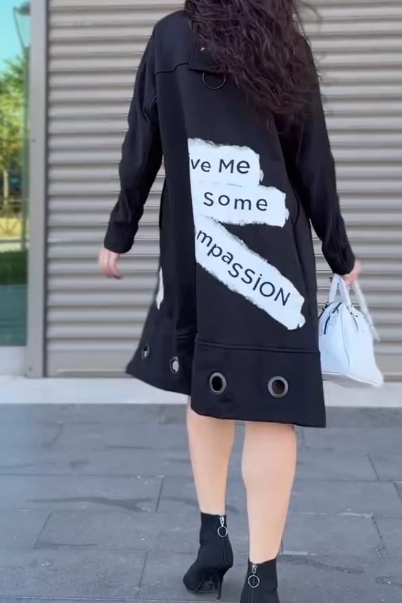 Ladies Casual Letter Print Long Coat black