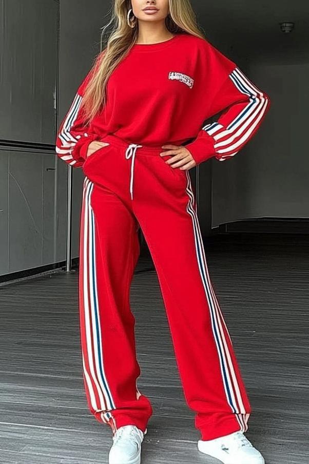 Women's casual sporty side-patched sweatshirt set red