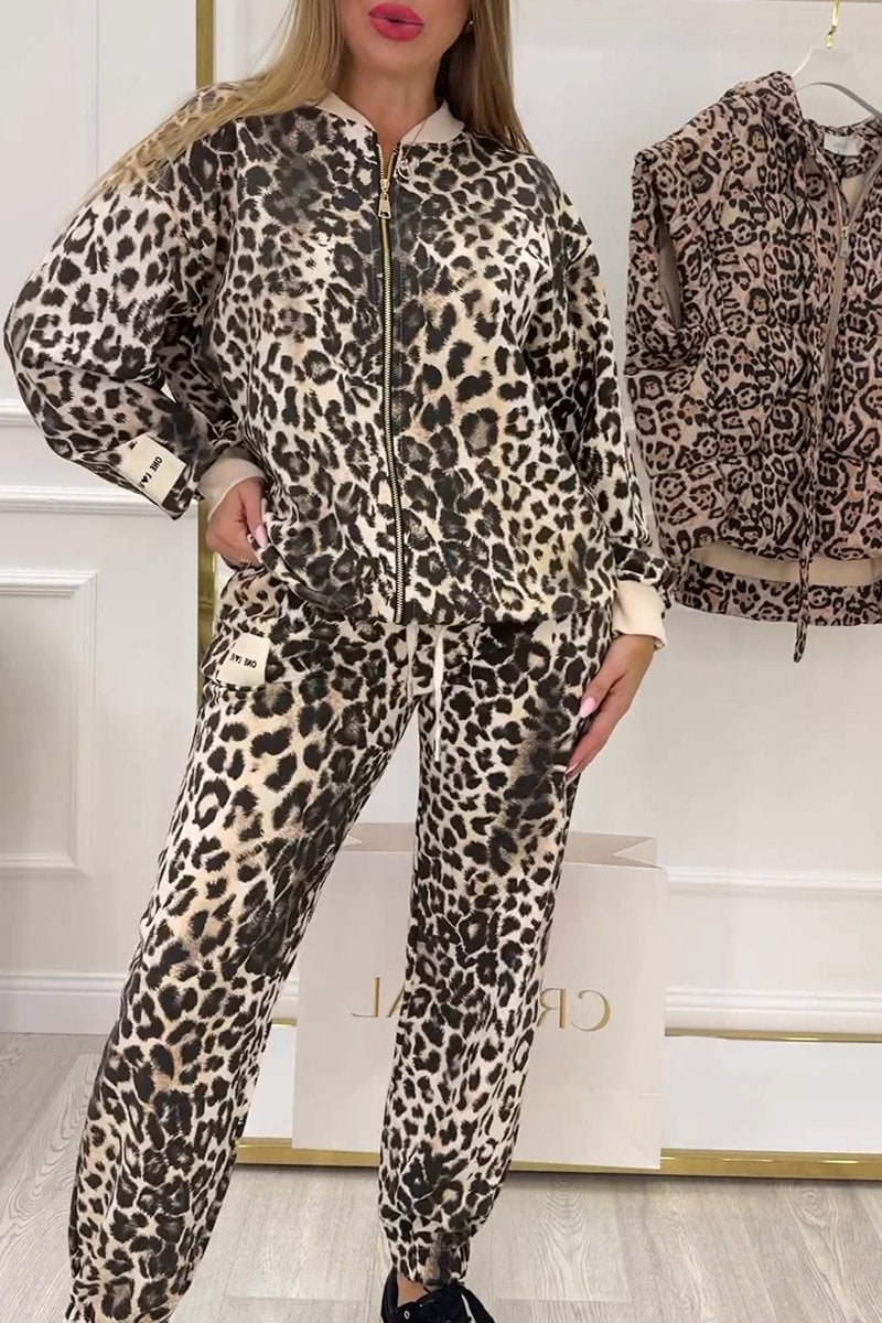 Women's Round Neck Long Sleeve Leopard Print Casual Suit