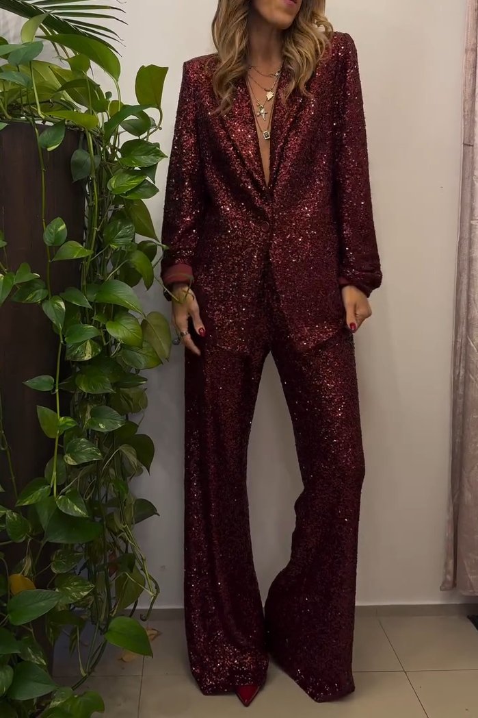 Ladies casual Christmas solid color sequin suit