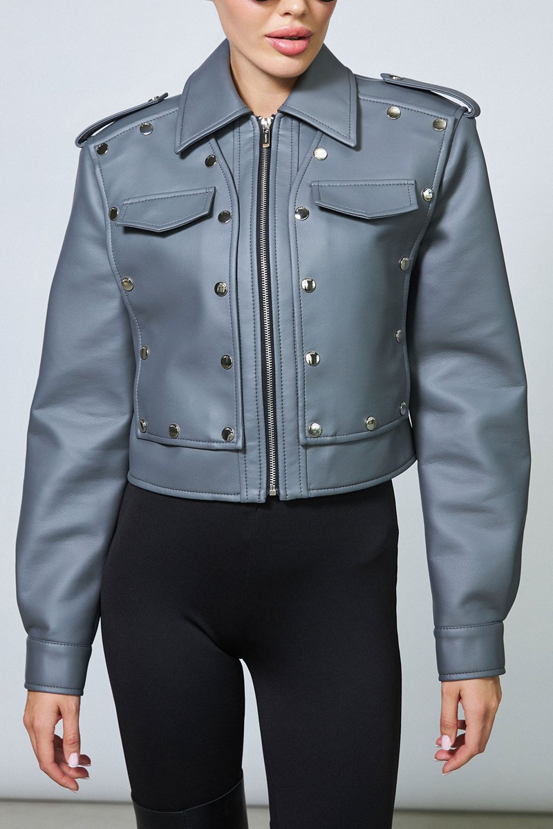 Women's solid color buttoned leather jacket