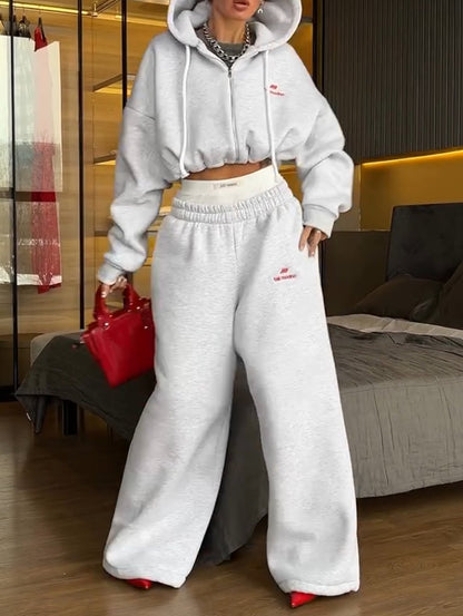 Women's Sport Loose Short Hooded Pants Suit