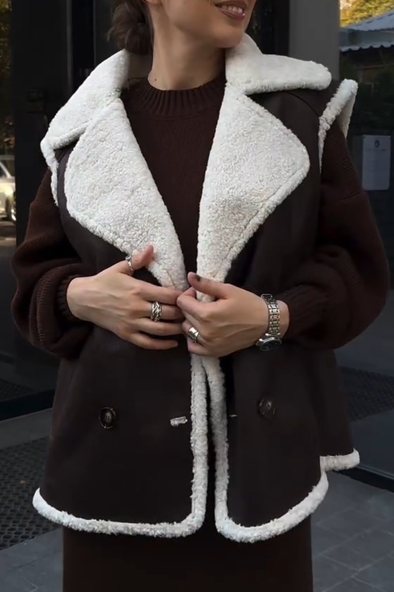 Fur integrated lapel vest brown