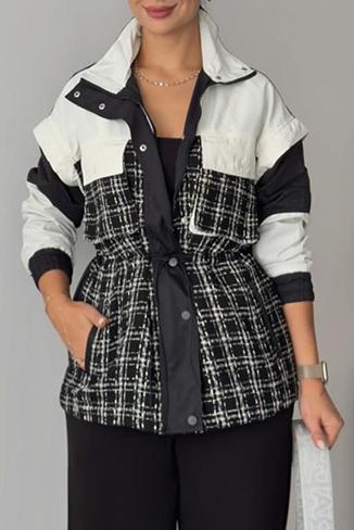 Women's check, color-blocked trench coat cropped coat