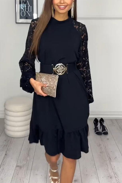 Women's Elegant Lace Sleeve Panel Dress black