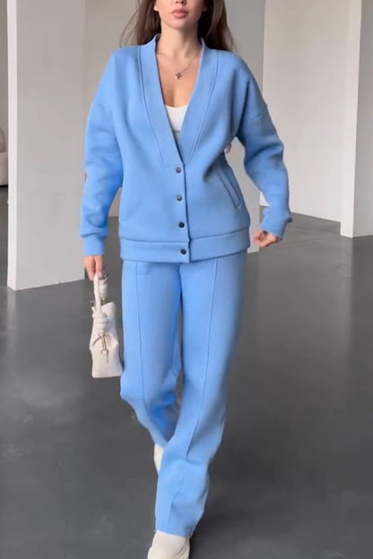 Women's Casual Solid Color Two-piece Pants Suit Blue