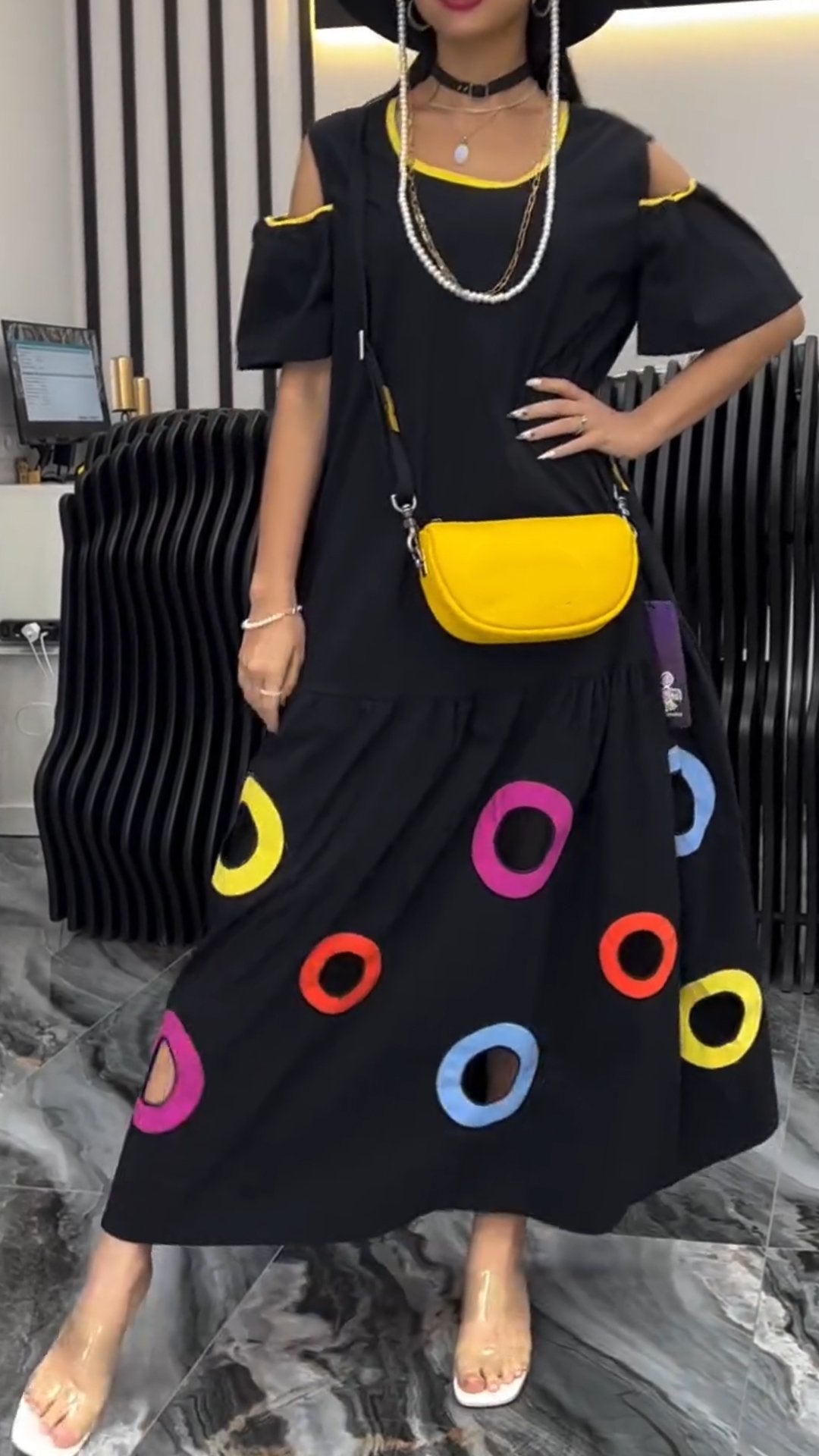 Women's Colorful Circle Design Off-the-shoulder Dress