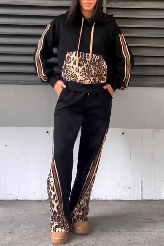 Women's casual leopard print patchwork hooded sweatshirt set Black