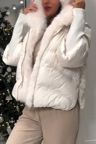 Women's Casual Cuff Knitted Patchwork Large Fur Collar Hooded Cotton Coat