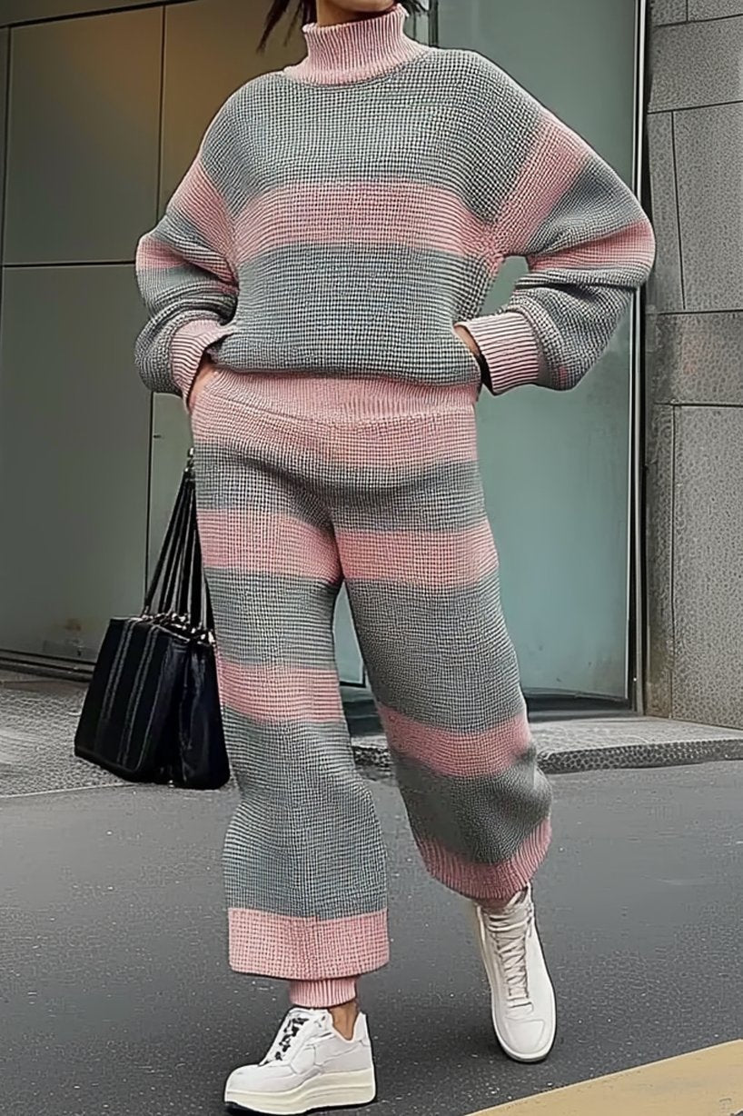 Women's casual high-neck contrasting striped wool suit Gray-pink