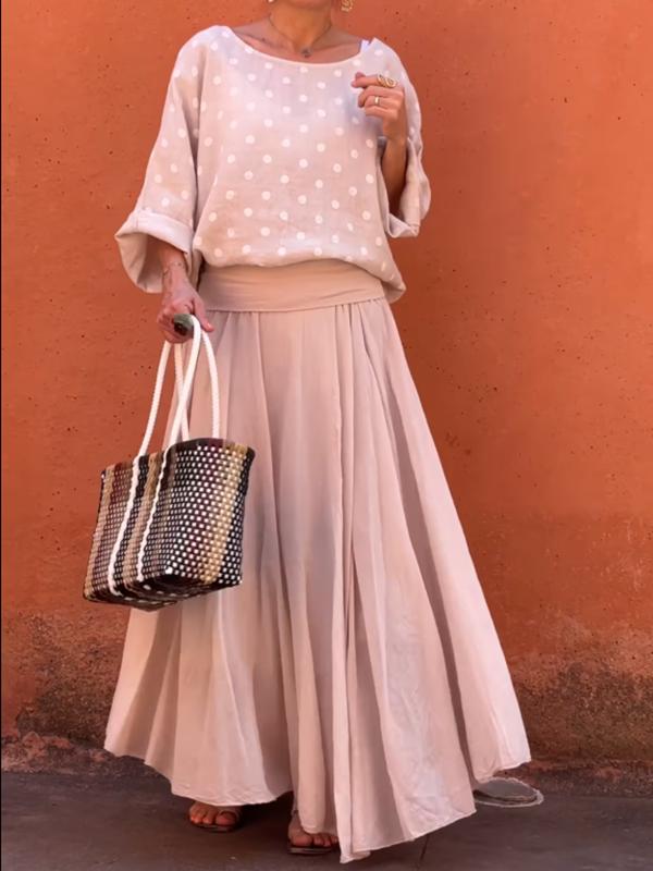 Cotton and linen bat-sleeve polka-dot loose top + pleated long skirt two-piece set Apricot