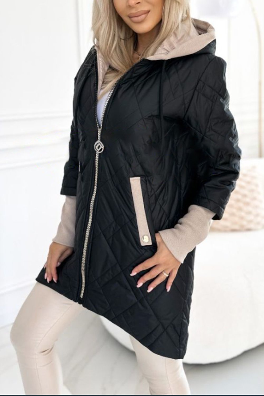 Women's Casual Contrast Color Hooded Warm Cotton Jacket