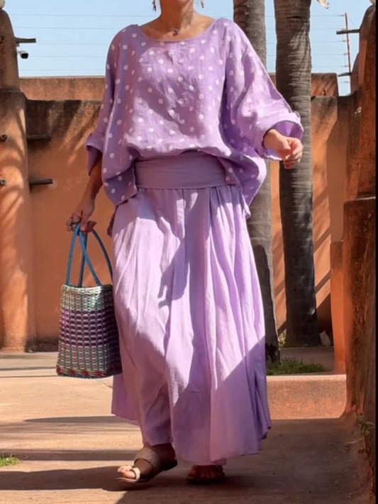 Cotton and linen bat-sleeve polka-dot loose top + pleated long skirt two-piece set Purple