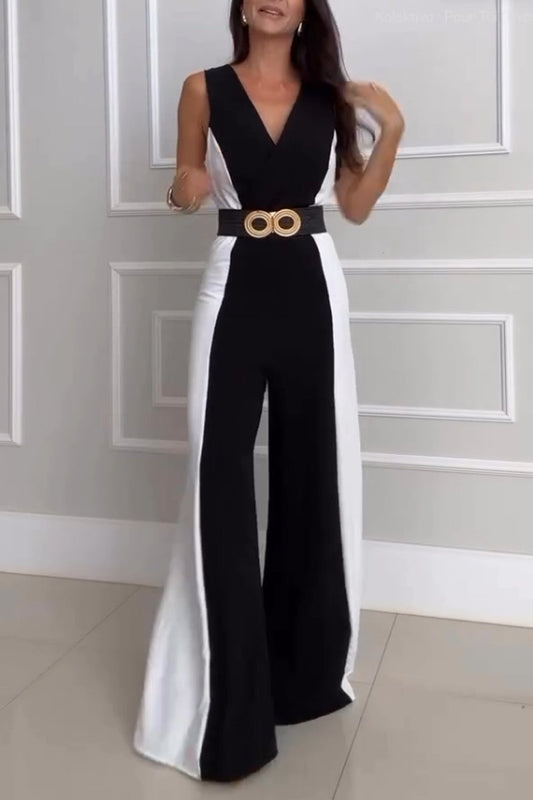 Women's V-neck Color Block Elegant Jumpsuit White