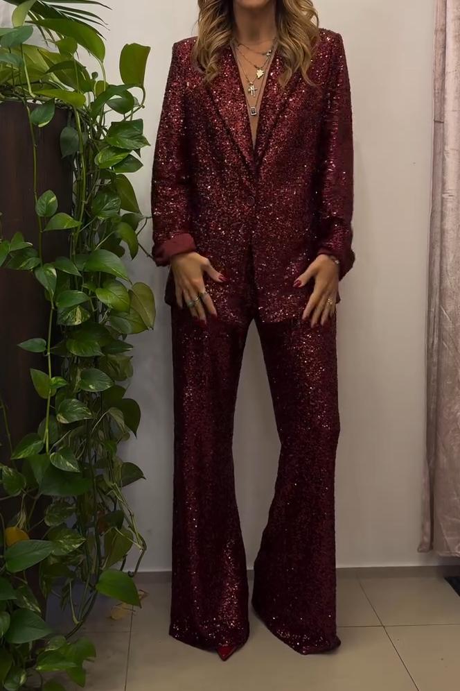 Ladies casual Christmas solid color sequin suit red