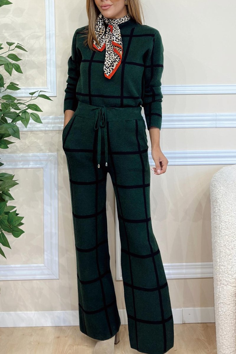 Women's contrast check knitted suit Green