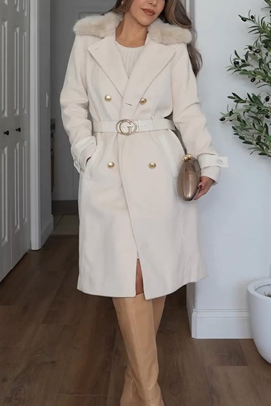 Women's Elegant Plush Collar Coat Off-white