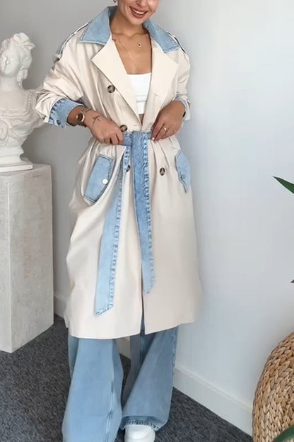 Woman PDenim Patchwork Design Casual Trench Coat