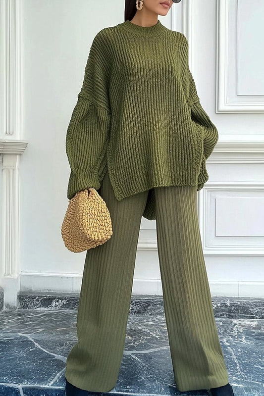 Women's casual simple hem slit leg show long sweater set green