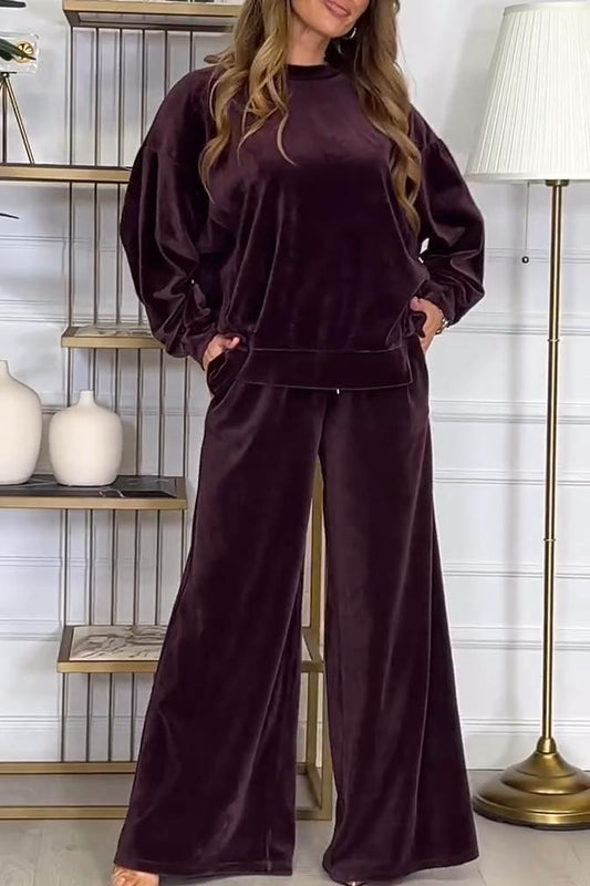 Women's Casual Solid Color Velvet Round Neck Slit Hem Suit deep purple