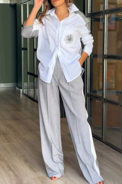 Women's Elegant Color Block Patchwork Two Piece Pant Suit White