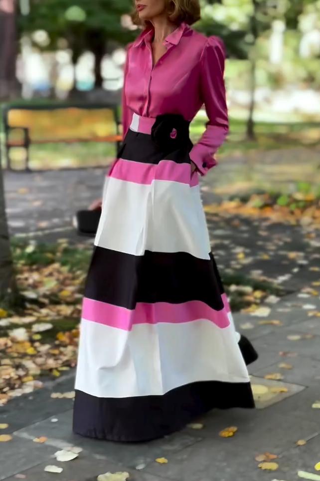 Women's Elegant Contrast Color Long Dress pink