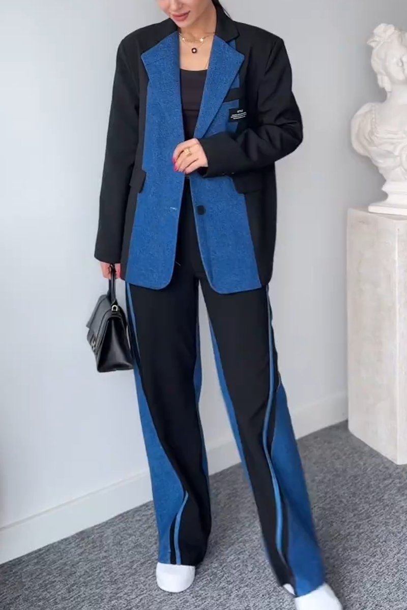 Women's Casual Contrast Blazer and Wide Leg Pants Set Blue